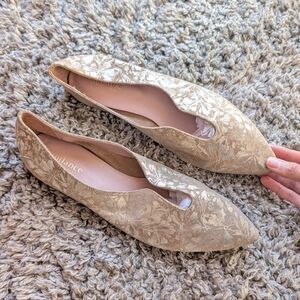 Sundance Fiore Leather Metallic Gold Floral Brocade Pointed Toe Ballet Flats